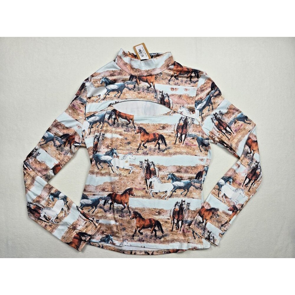 Y2K Style Wild Horse Western Desert Long-Sleeve Top Mock Neck Keyhole Cutout L